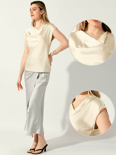 Satin Cowl Neck Short Sleeve Dressy Casual Blouse