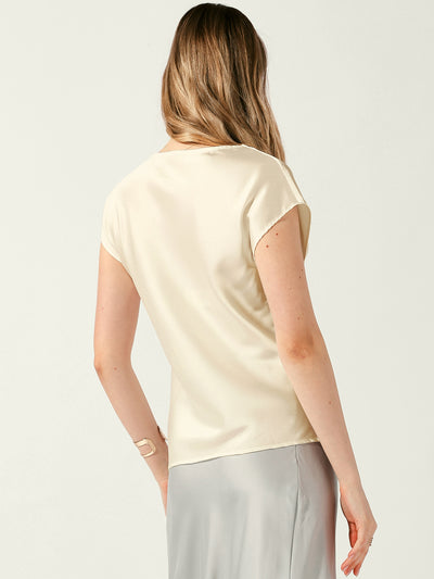 Satin Cowl Neck Short Sleeve Dressy Casual Blouse