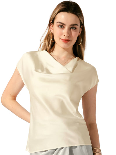 Satin Cowl Neck Short Sleeve Dressy Casual Blouse