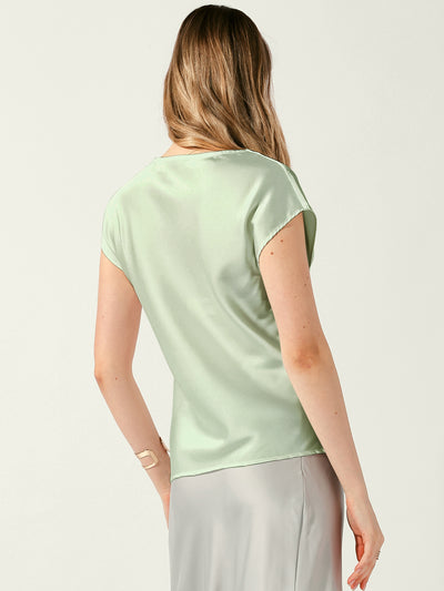 Satin Cowl Neck Short Sleeve Dressy Casual Blouse