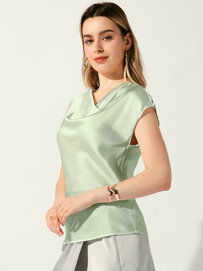 Satin Cowl Neck Short Sleeve Dressy Casual Blouse