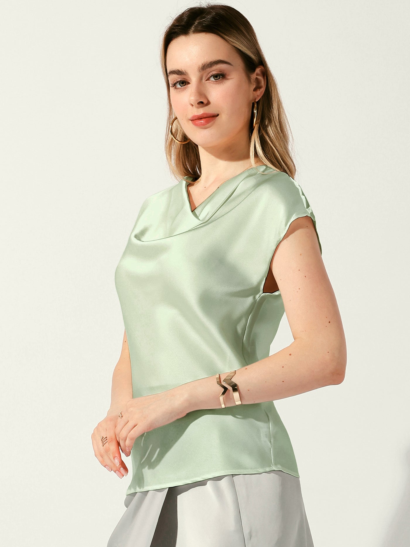 Allegra K Satin Cowl Neck Short Sleeve Dressy Casual Blouse