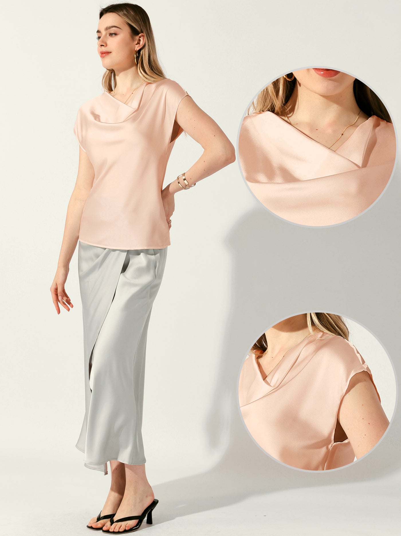 Allegra K Satin Cowl Neck Short Sleeve Dressy Casual Blouse