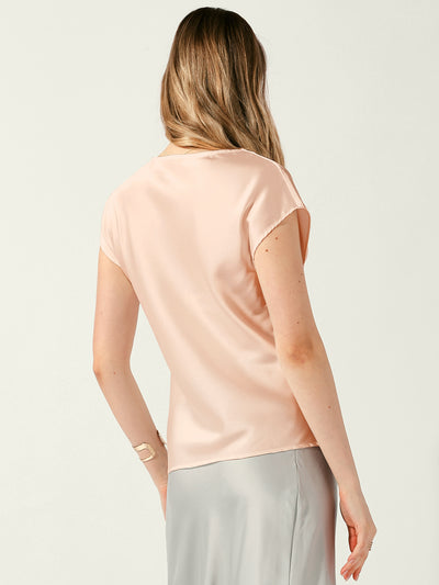 Satin Cowl Neck Short Sleeve Dressy Casual Blouse