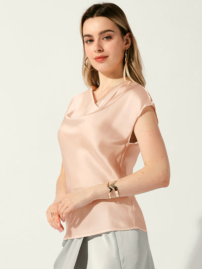 Satin Cowl Neck Short Sleeve Dressy Casual Blouse