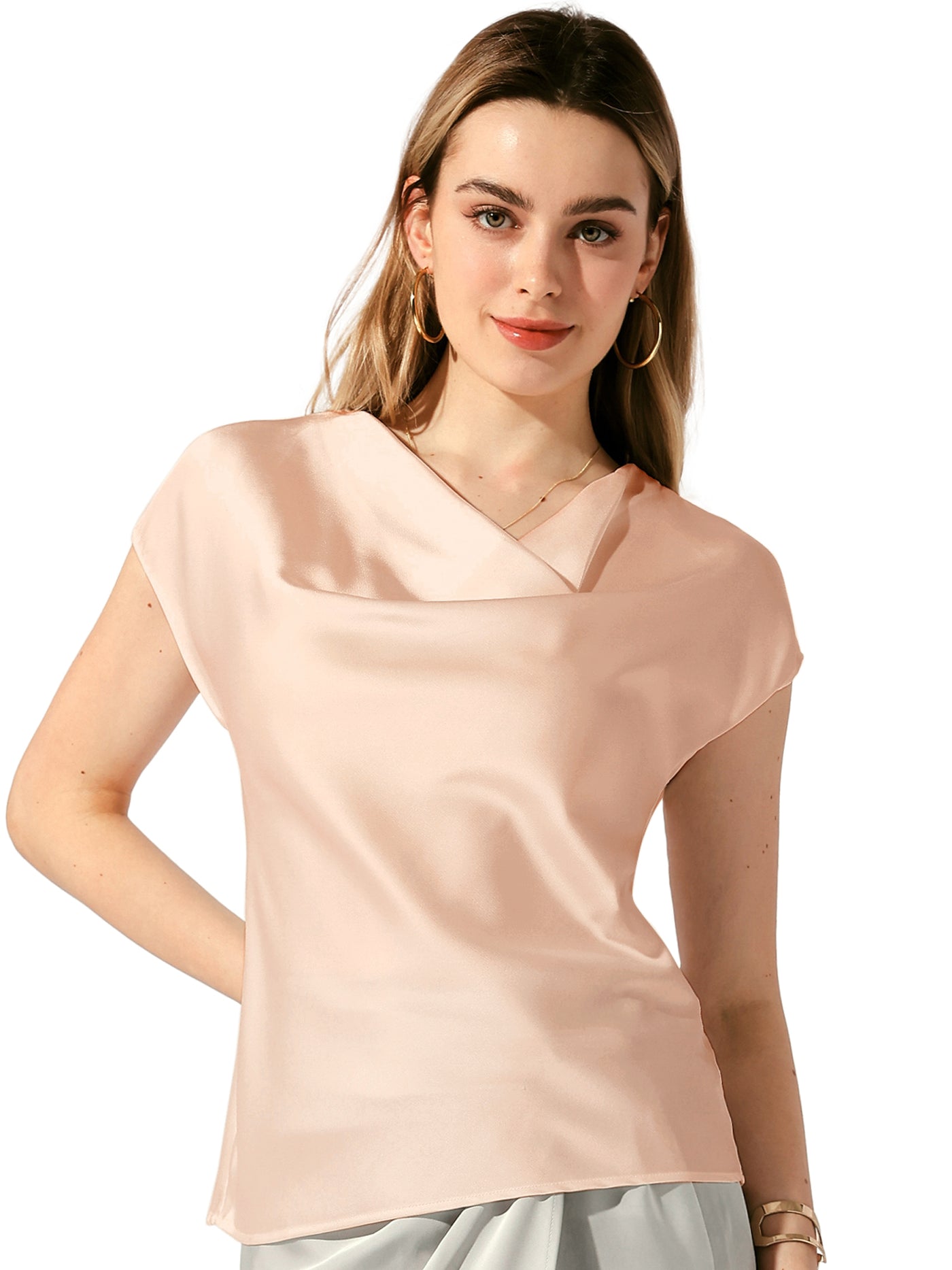 Allegra K Satin Cowl Neck Short Sleeve Dressy Casual Blouse