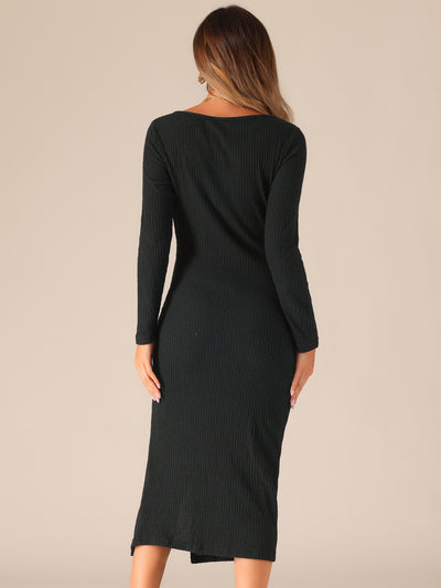 Casual Long Sleeve Crew Neck Ruched Slit Knitted Midi Sweater Dress