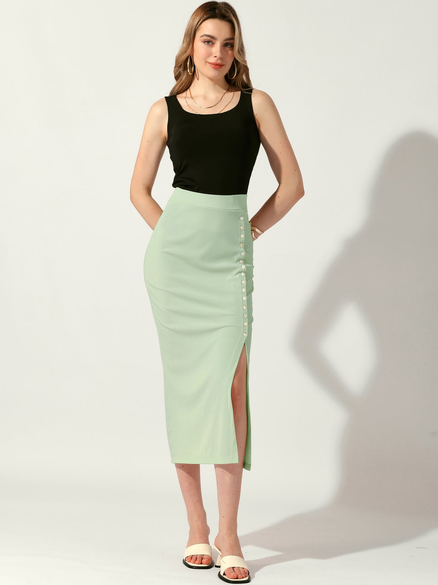 Allegra K Pencil Basic Skirt Midi Casual Side Split Ribbed Knit Bodycon Skirts