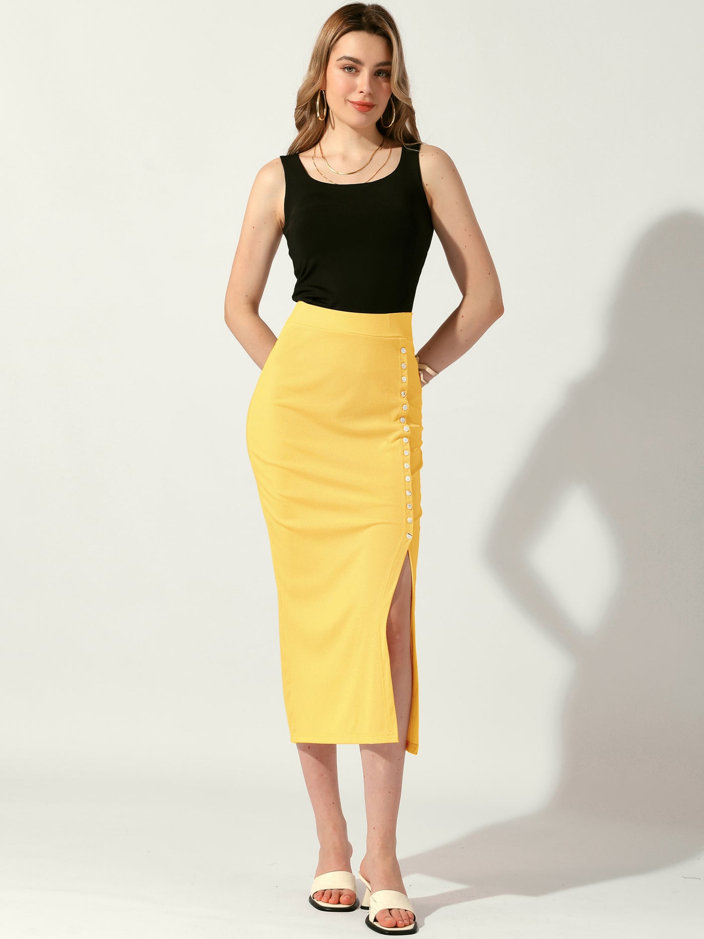 Allegra K Pencil Basic Skirt Midi Casual Side Split Ribbed Knit Bodycon Skirts