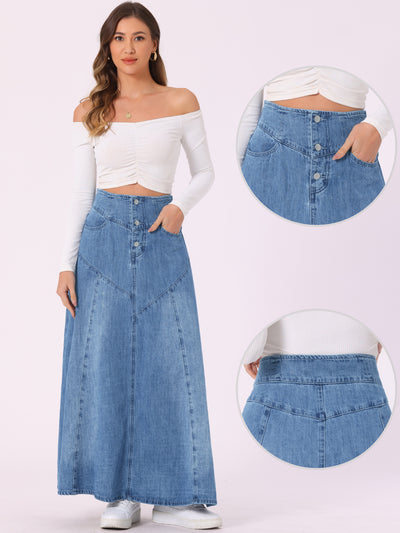 Casual Denim High Waisted A-Line Flared Maxi Skirt