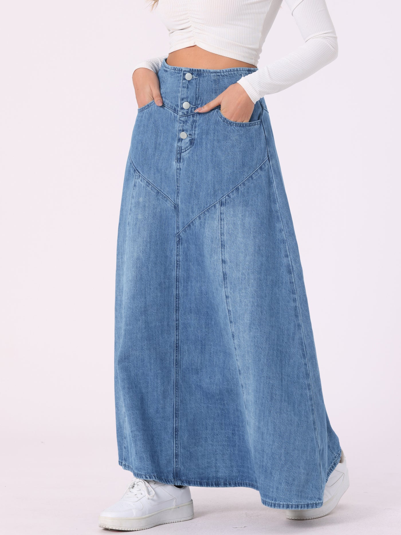 Allegra K Casual Denim High Waisted A-Line Flared Maxi Skirt