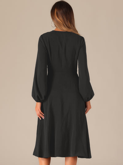 Twist Front Long Sleeve Pockets A-Line Midi Dress