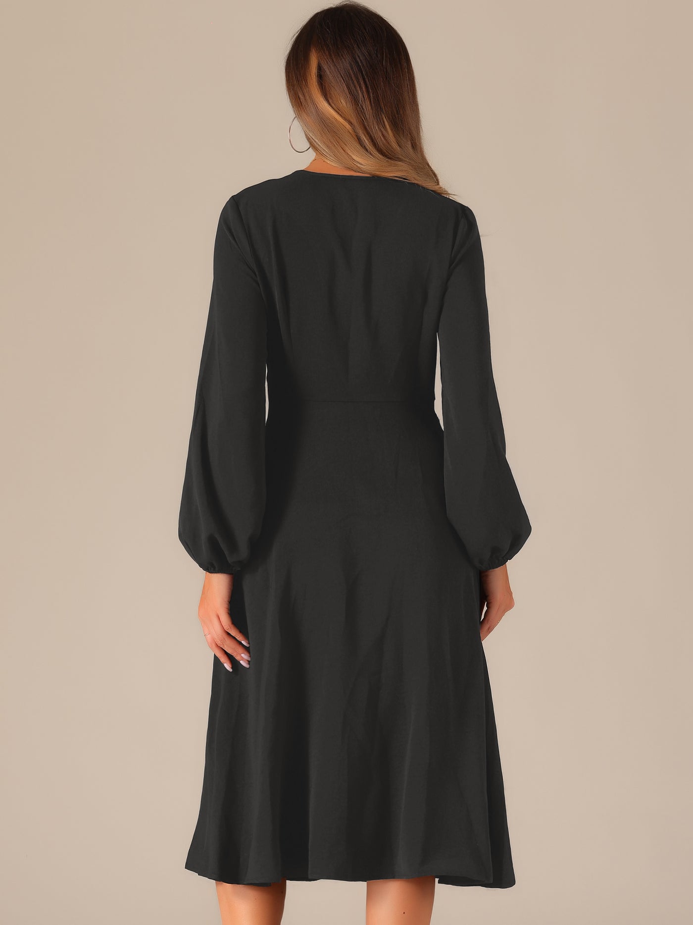 Allegra K Twist Front Long Sleeve Pockets A-Line Midi Dress