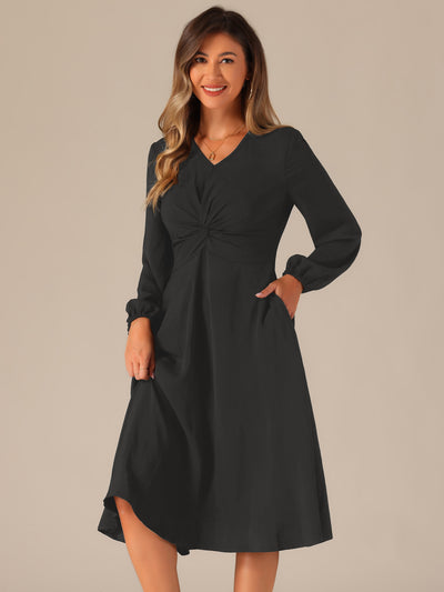 Twist Front Long Sleeve Pockets A-Line Midi Dress