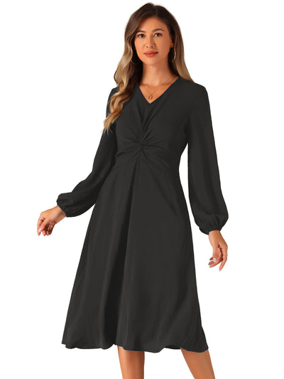 Twist Front Long Sleeve Pockets A-Line Midi Dress