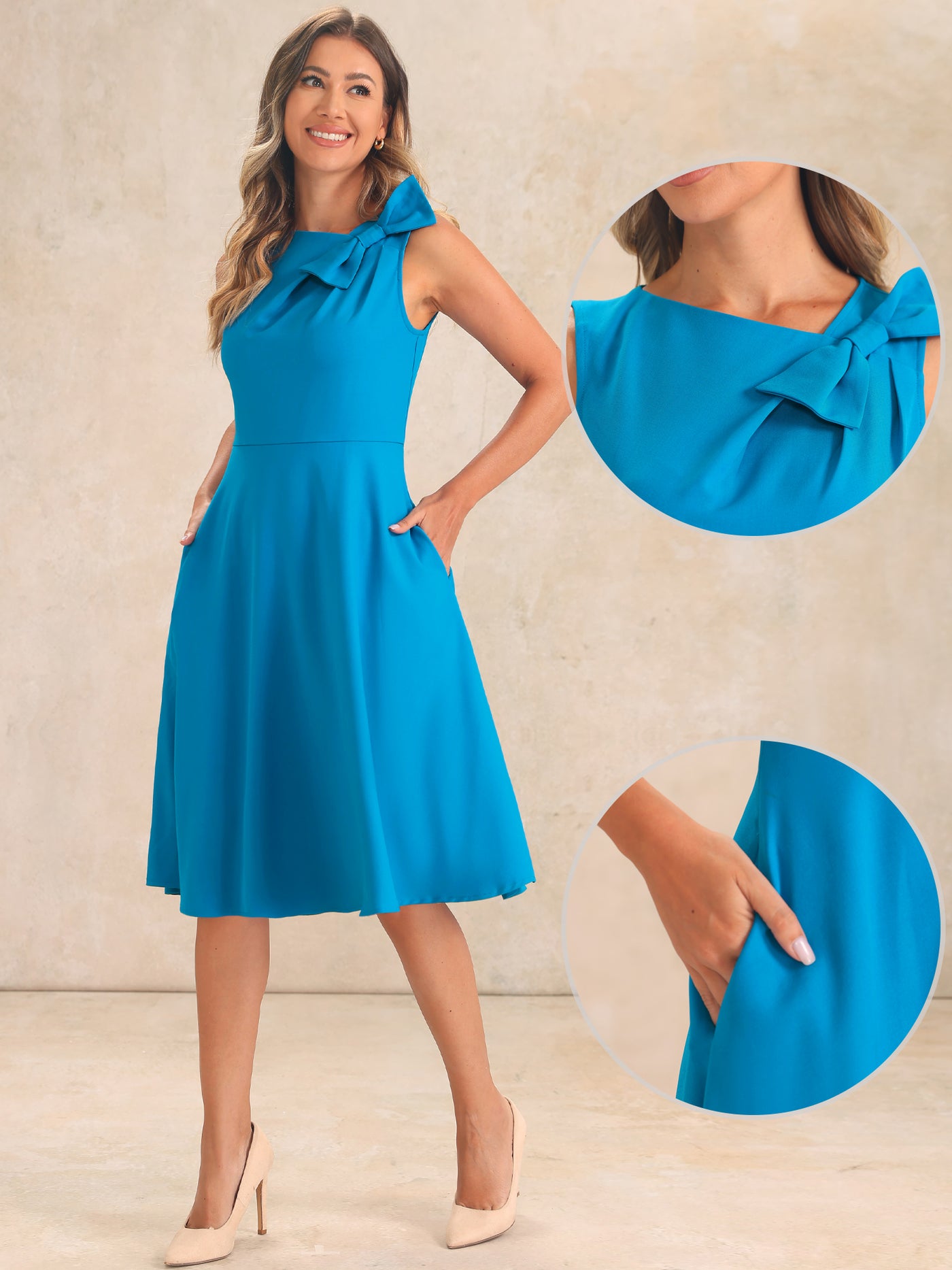 Allegra K Flared Sleeveless Bowknot Midi A-Line Formal Dress