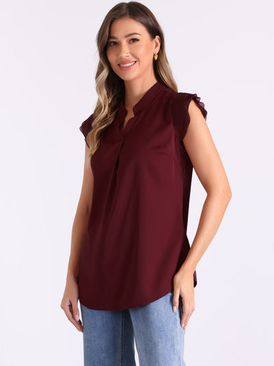 V Neck Ruffle Cap Sleeves Solid Elegant Blouse