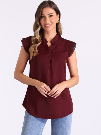 V Neck Ruffle Cap Sleeves Solid Elegant Blouse