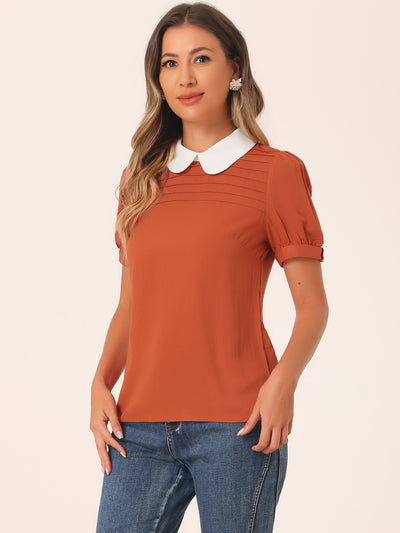 Pleated Contrast Peter Pan Collar Puff Short Sleeve Blouse