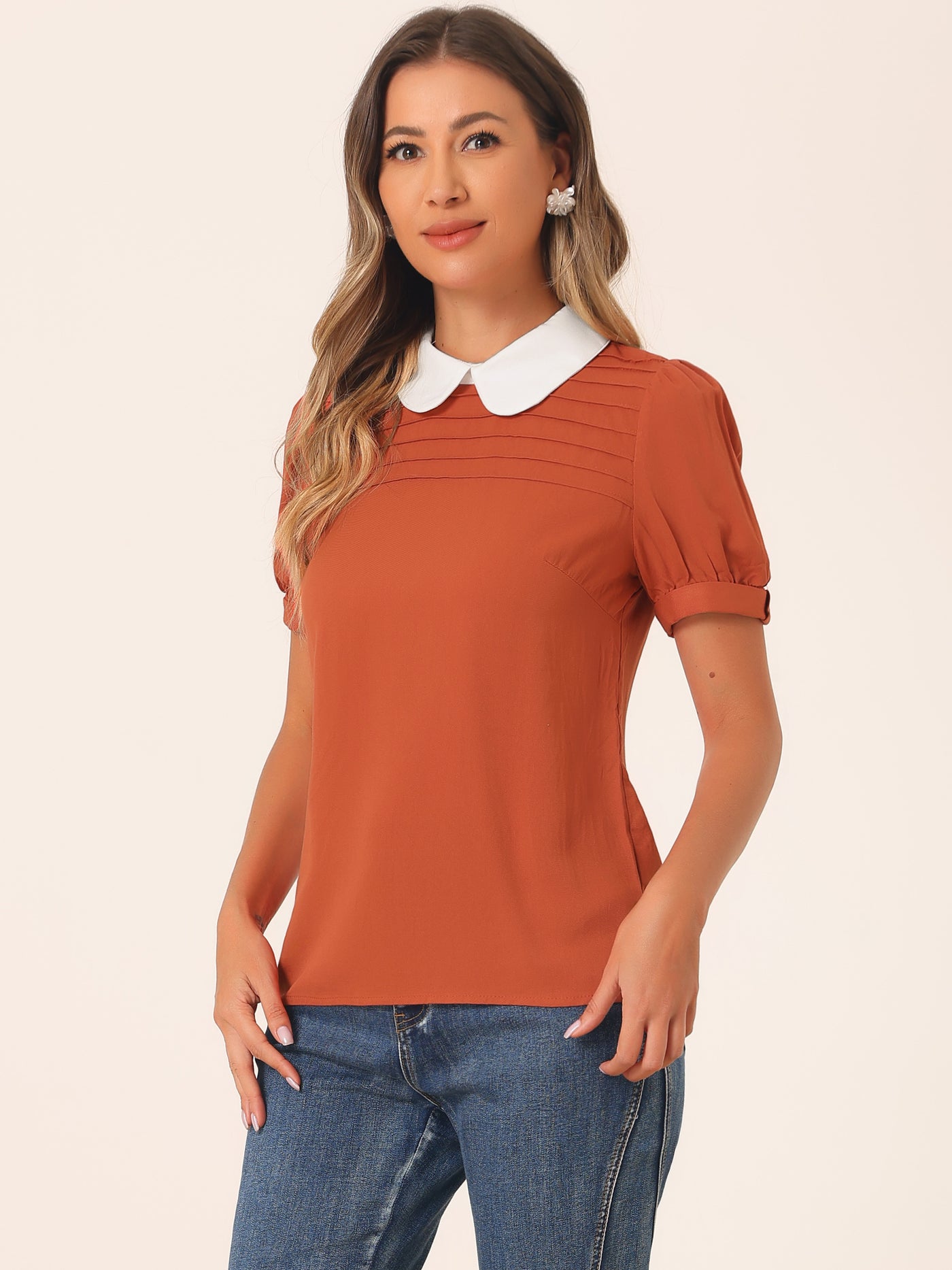 Allegra K Pleated Contrast Peter Pan Collar Puff Short Sleeve Blouse