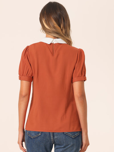 Pleated Contrast Peter Pan Collar Puff Short Sleeve Blouse