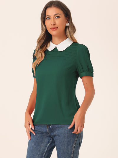 Pleated Contrast Peter Pan Collar Puff Short Sleeve Blouse