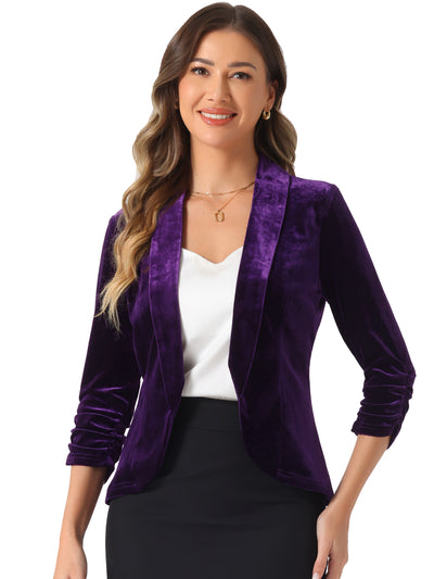 Lapel Collar Velvet Solid Office Work Open Front Blazer