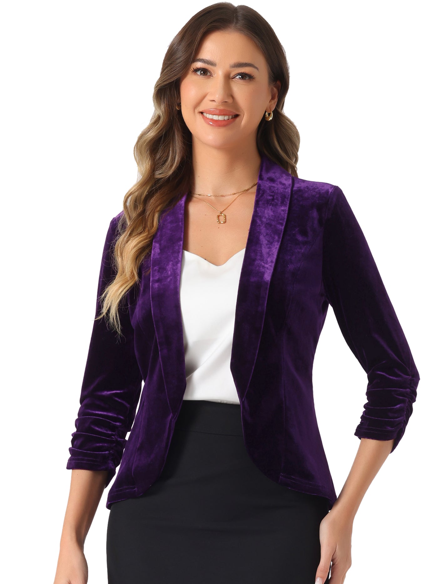 Allegra K Lapel Collar Velvet Solid Office Work Open Front Blazer