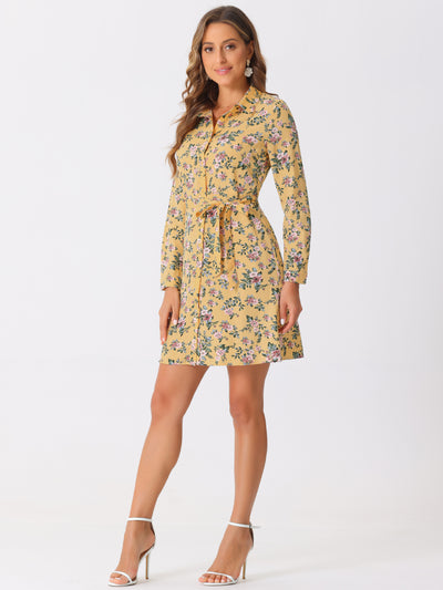 Button Down Floral Collar Tie Belted Mini Shirt Dress