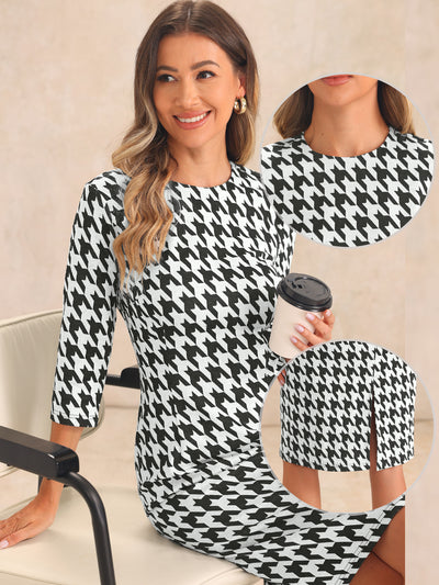 Houndstooth 3/4 Sleeve Elegant Cinched Waist Sheath Dress