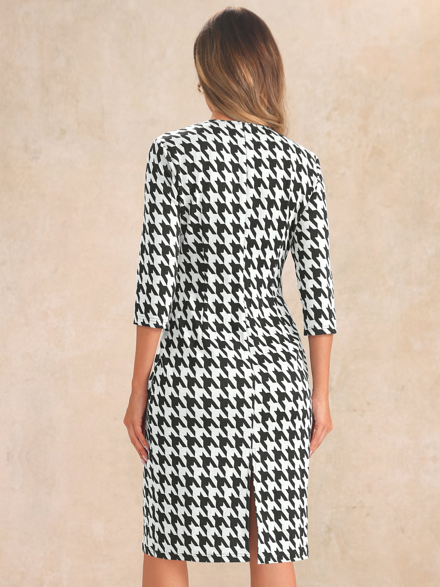 Allegra K Houndstooth 3/4 Sleeve Elegant Cinched Waist Sheath Dress