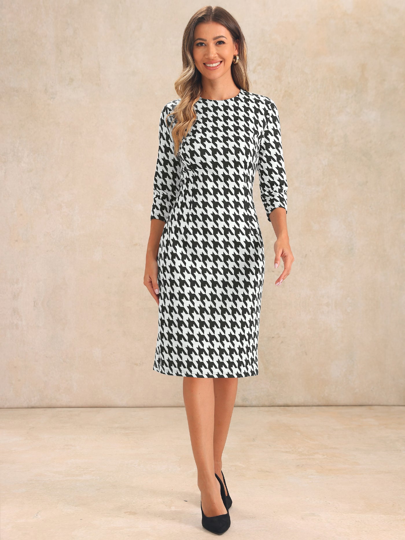 Allegra K Houndstooth 3/4 Sleeve Elegant Cinched Waist Sheath Dress