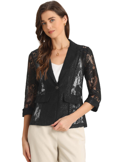 Bussiness Casual Floral Lace 3/4 Sleeve Single Button Blazer