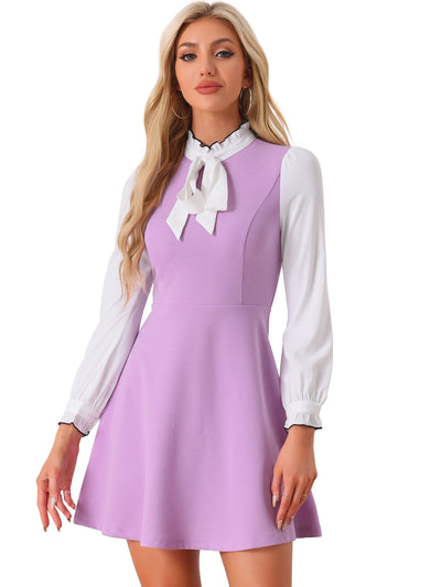 Patchwork Contrast Color Long Sleeve Tie Neck Mini Dress