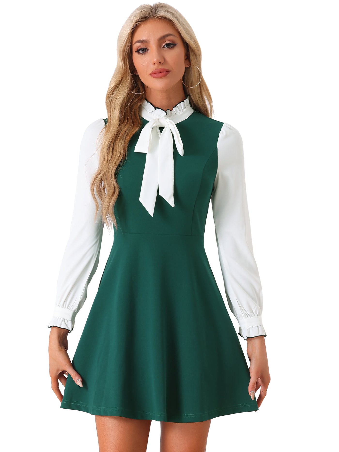 Allegra K Patchwork Contrast Color Long Sleeve Tie Neck Mini Dress