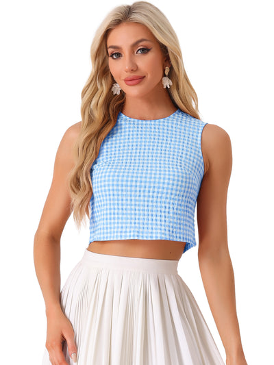 Vintage Sleeveless Summer Cropped Plaid Gingham Blouse