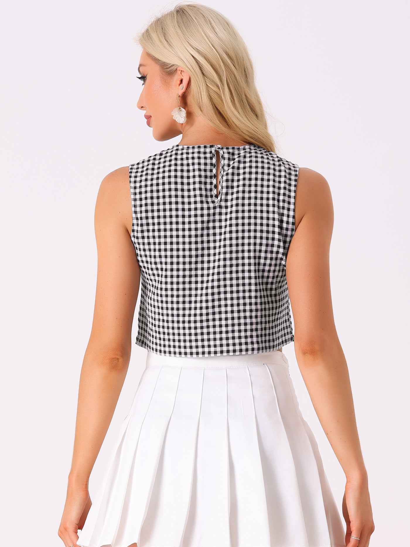 Allegra K Vintage Sleeveless Summer Cropped Plaid Gingham Blouse