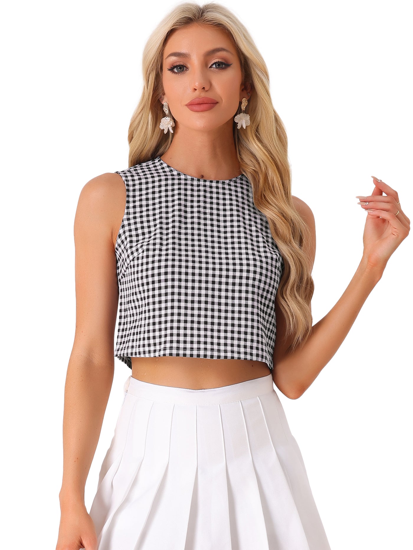 Allegra K Vintage Sleeveless Summer Cropped Plaid Gingham Blouse