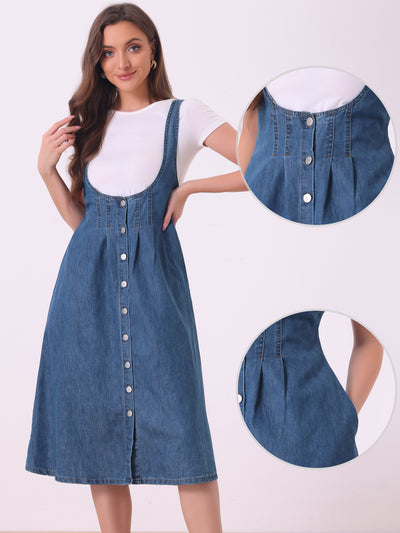 Suspender Dress Button Front Classic U Neck Overall Denim Midi Dress with Pockets