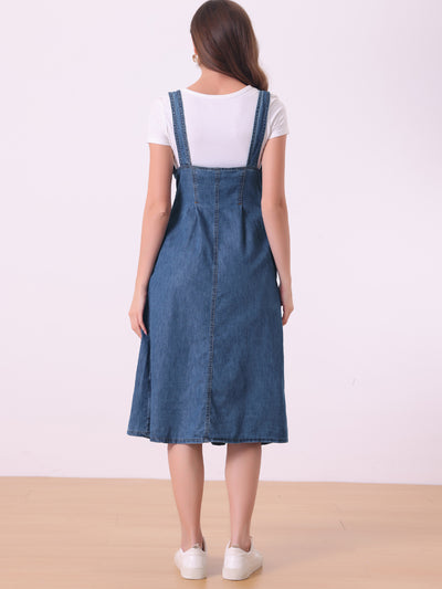 Suspender Dress Button Front Classic U Neck Overall Denim Midi Dress with Pockets