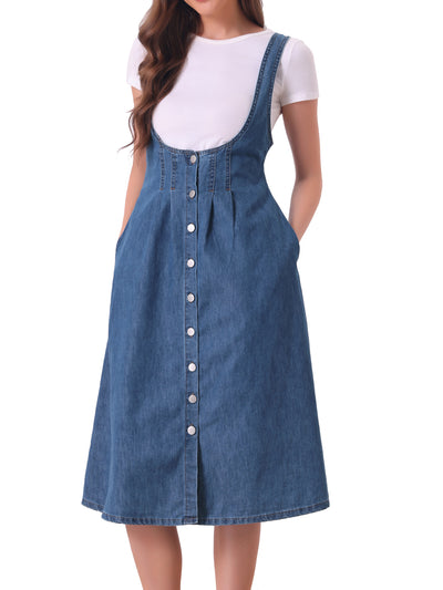 Suspender Dress Button Front Classic U Neck Overall Denim Midi Dress with Pockets