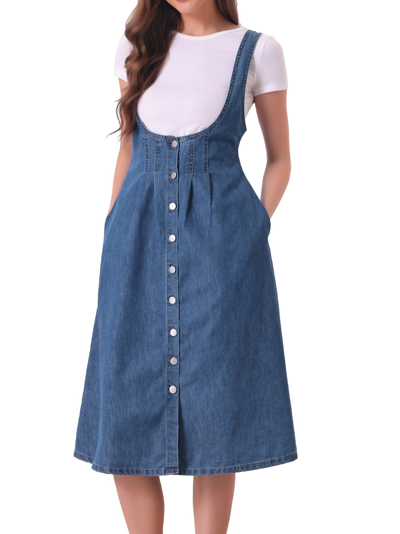 Allegra K Suspender Dress Button Front Classic U Neck Overall Denim Midi Dress with Pockets