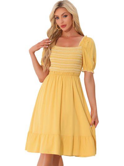 Smocked Puff Short Sleeve Ruffle Shirred Summer Midi Dress