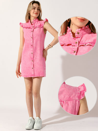 Denim Button Down Ruffle Sleeveless Summer Mini Jean Dress