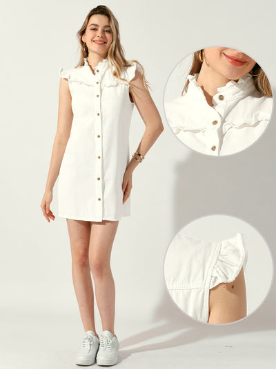 Denim Button Down Ruffle Sleeveless Summer Mini Jean Dress