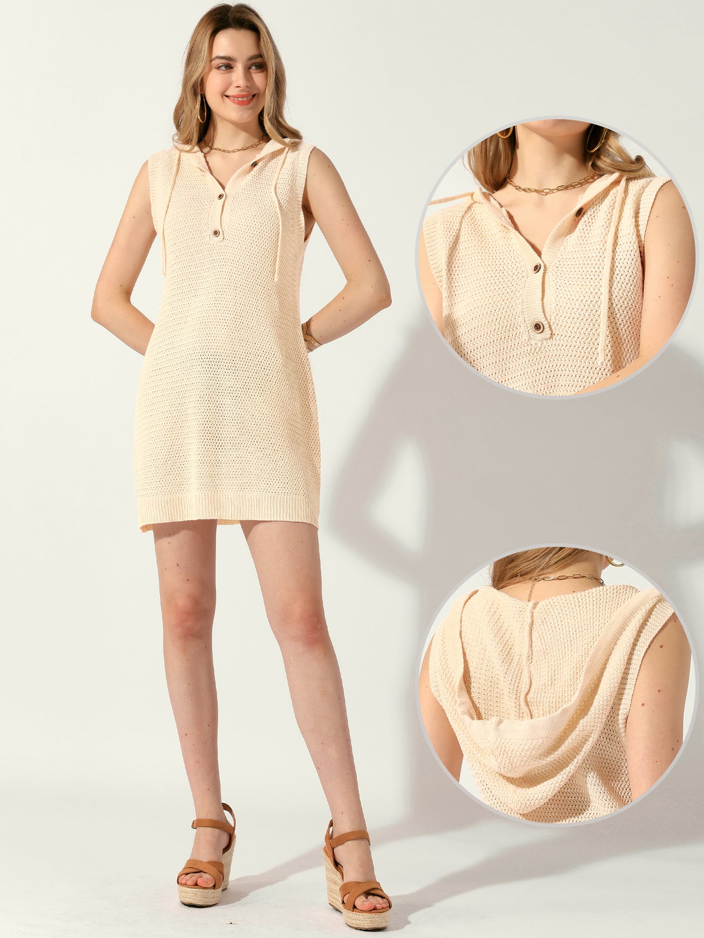 Allegra K Knitted Beach Summer Cover-up Tank Sleeveless Hooded Mini Dress