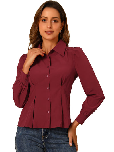 Lapel Ruffle Waist Long Sleeve Button Up Office Work Blouse