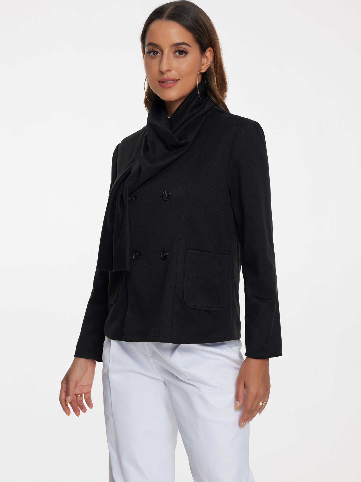 Allegra K Double Breasted Scarf Long Sleeve Cropped Jacket