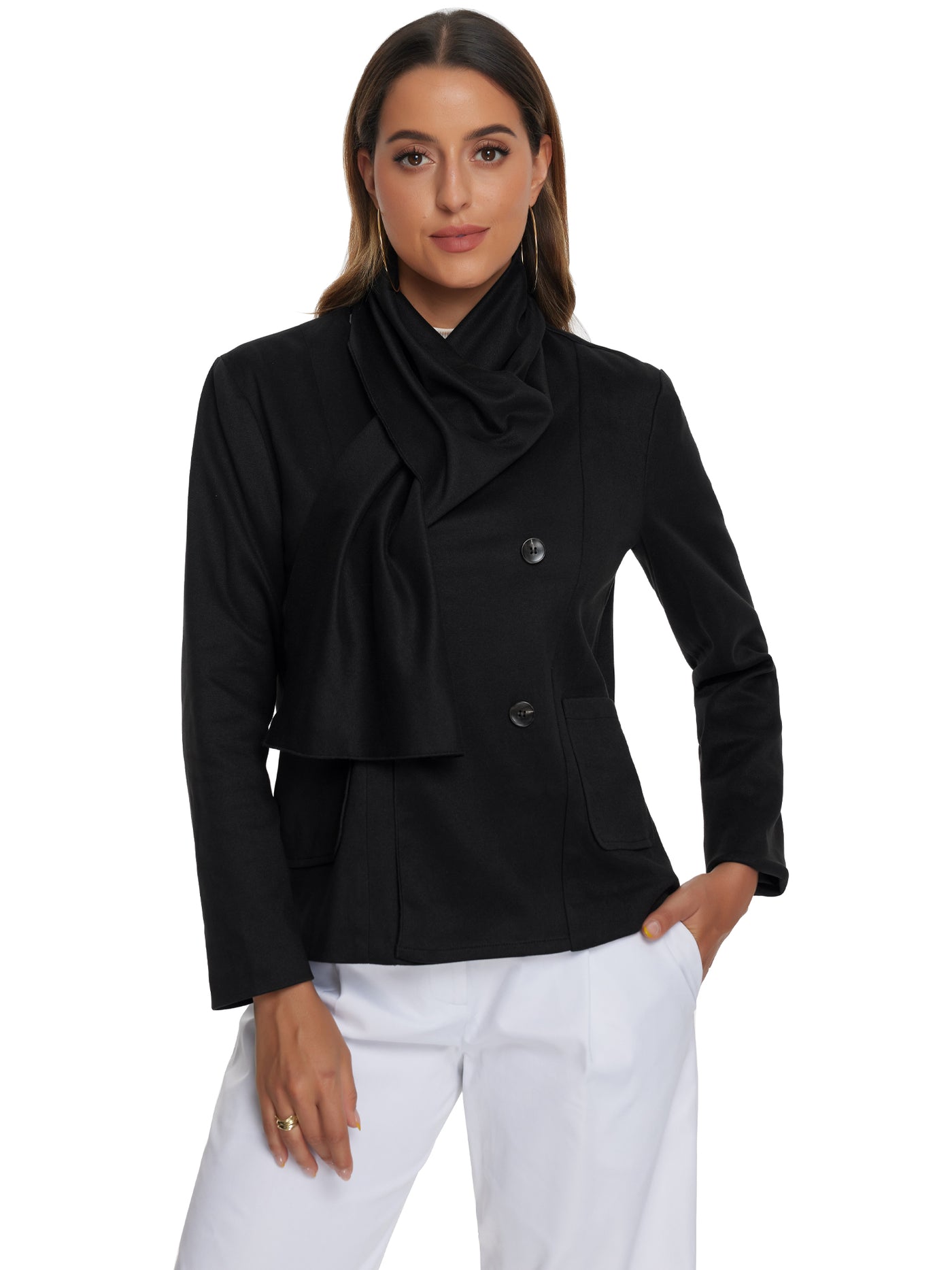 Allegra K Double Breasted Scarf Long Sleeve Cropped Jacket