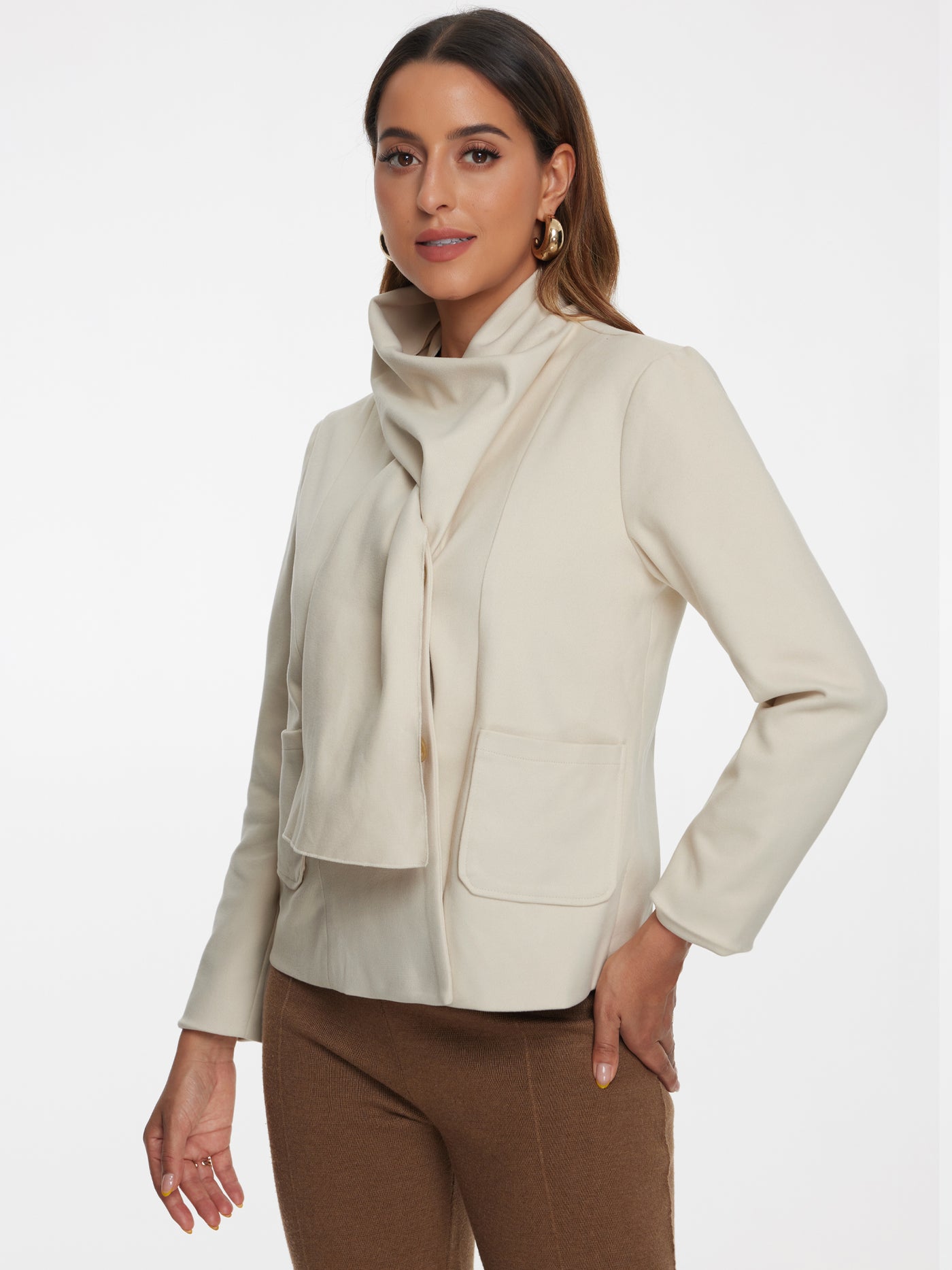 Allegra K Double Breasted Scarf Long Sleeve Cropped Jacket